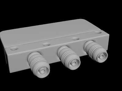 Gray Rectangular Connector Module Featuring Three Cylindrical Ports And Mounting Holes 3d model