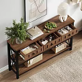 Wooden Entryway Console Table With Storage Drawers Baskets Potted Plant And Fruit Plate