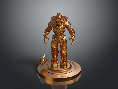 Game Movie Character Golden Robot Standing On Circular Base With Small Golden Object 3d model