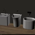 Three White Washbasins With Different Designs And Faucets Against Wall On Wooden Floor