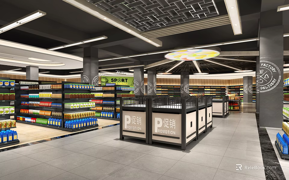 Modern Supermarket Department Store Interior With Shelves Product Displays And Promotion Section 3d model 