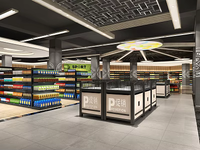 Modern Supermarket Department Store Interior With Shelves Product Displays And Promotion Section 3d model