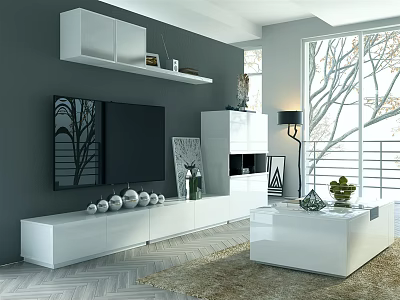 Modern White TV Stand With Decorative Items And Flat Screen TV In Bright Living Room 3d model