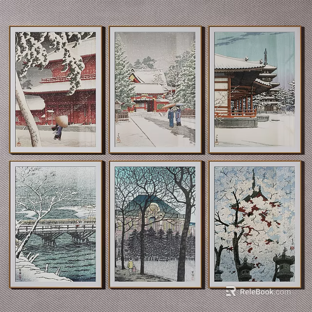 Traditional Japanese Snow Scene Wall Art Six Panel Featuring Architecture Trees And Bridges 3d model 