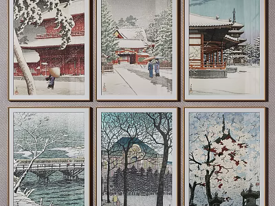 Traditional Japanese Snow Scene Wall Art Six Panel Featuring Architecture Trees And Bridges 3d model