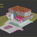 Cartoon Scene of House with Red Roof White Walls Swimming Pool Lawn and Patio Area