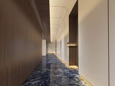 Hotel Corridor With Wooden Walls Dark Blue Textured Floor Golden Signage And Recessed Lights 3d model