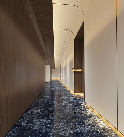 Hotel Corridor With Wooden Walls Dark Blue Textured Floor Golden Signage And Recessed Lights 3d model