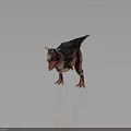 Red Dinosaur Model With Green Stripes Horned Head Open Mouth Standing On Gray Reflective Floor