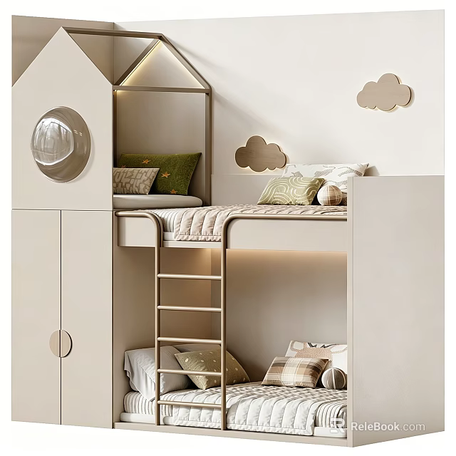 Modern Cream Tone Bunk Bed For Cozy Kids Bedroom With Built In Storage And Ladder 3d model 