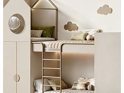 Modern Cream Tone Bunk Bed For Cozy Kids Bedroom With Built In Storage And Ladder 3d model