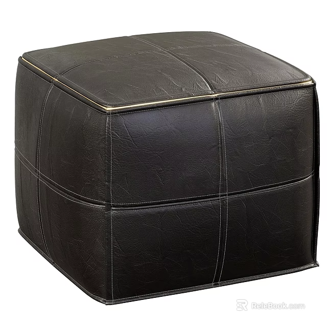 Square Black Leather Ottoman Featuring Stitched Details For Contemporary Home Decor 3d model 