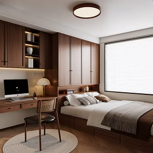 Modern Middle-style Tatami Bedroom Modern Tatami Bedroom Single Chair Bookcase Computer Middle-style Table Lamp Tatami Bed Ceiling Lamp Ornaments 3d model