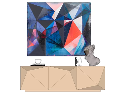 Abstract Geometric Painting With Colorful Triangles On Wooden Console Table With Decorative Sculptures 3d model