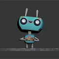 Blue Robot With Big Round Eyes And Antennas Standing On Checkerboard Platform Holding Frying Pan