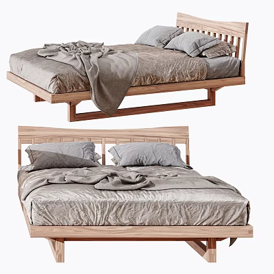 Double Bed With Wooden Frame Gray Bed Sheets Pillows And Blanket In Simple Modern Style 3d model