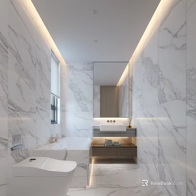 Elegant Modern Bathroom Interior With Marble Walls Large Mirror Vanity And Bathtub 3d model 