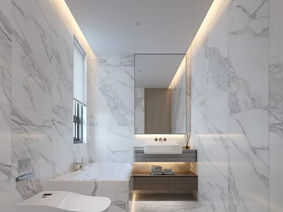 Elegant Modern Bathroom Interior With Marble Walls Large Mirror Vanity And Bathtub 3d model