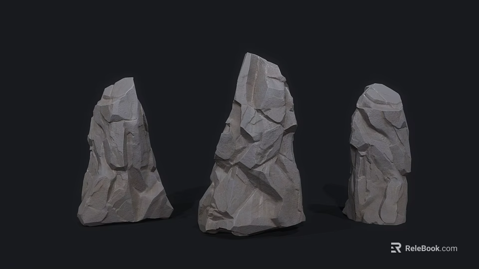 Three Textured Stone Models In 3D Render With Dark Background 3d model 