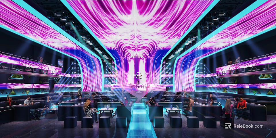 Modern Bar Interior With Vibrant Neon Lights And Stylish Seating Area 3d model 