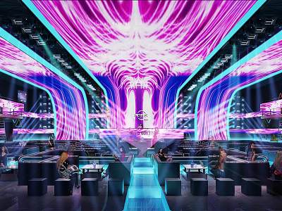 Modern Bar Interior With Vibrant Neon Lights And Stylish Seating Area 3d model