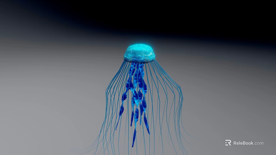 Glowing Blue Bioluminescent Jellyfish With Long Tentacles On Dark Background 3d model 