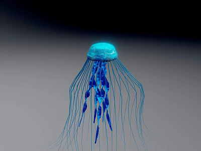 Glowing Blue Bioluminescent Jellyfish With Long Tentacles On Dark Background 3d model