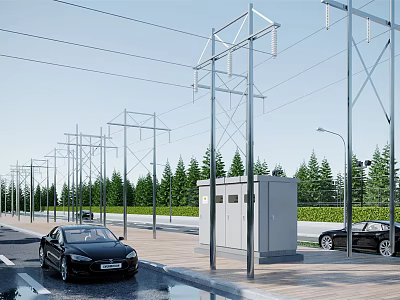 Urban Roadside Power Facilities Including Electric Poles Street Lamps And Utility Cabinets With Cars And Trees 3d model