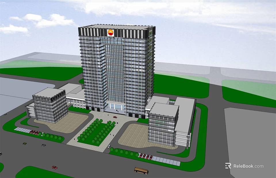 Modern Tall Office Building Featuring Glass Curtain Wall Greenery And Parking Area 3d model 