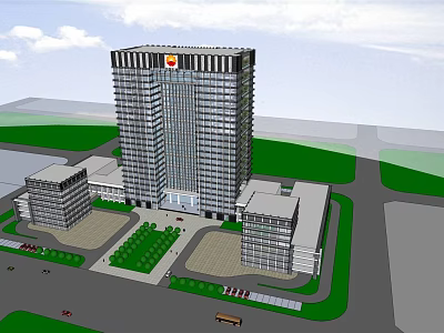 Modern Tall Office Building Featuring Glass Curtain Wall Greenery And Parking Area 3d model