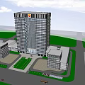Modern Tall Office Building Featuring Glass Curtain Wall Greenery And Parking Area