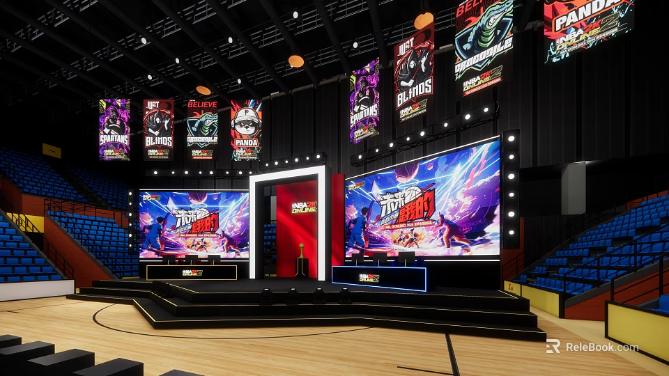 Esports Exhibition Booth with Large Screens Stage and Hanging Banners 3d model 