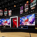 Esports Exhibition Booth with Large Screens Stage and Hanging Banners
