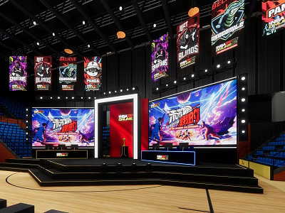 Esports Exhibition Booth with Large Screens Stage and Hanging Banners 3d model