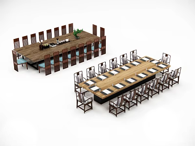 Long Modern Wooden Conference Table With Matching Chairs And Tabletop Items 3d model