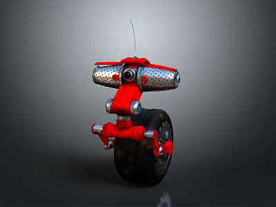 Detailed Red Single Wheeled Robot With Mechanical Antenna And Camera Design 3d model