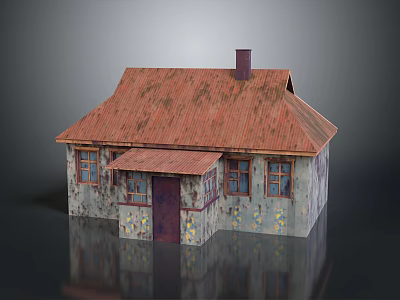 Weathered Small House With Rusty Red Roof Chimney Wooden Windows And Purple Door 3d model