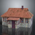Weathered Small House With Rusty Red Roof Chimney Wooden Windows And Purple Door