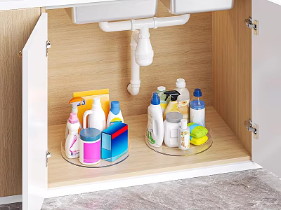 Organized Kitchen Cabinet Storage With Rotating Trays For Daily Cleaning Supplies 3d model