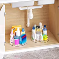 Organized Kitchen Cabinet Storage With Rotating Trays For Daily Cleaning Supplies