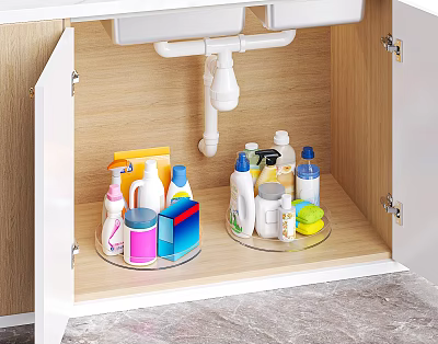 Organized Kitchen Cabinet Storage With Rotating Trays For Daily Cleaning Supplies 3d model