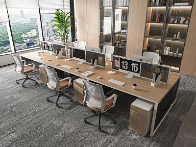 Modern Office Desk And Chair Workstation With Computers Clock Green Plant Bookshelf Window City View 3d model