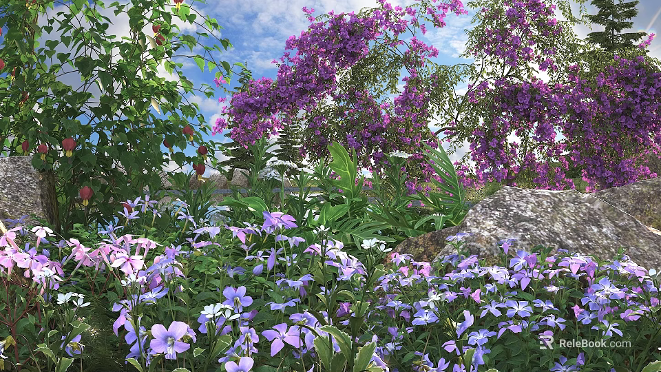 Blooming Purple Flowers With Tiny Blue Blooms And Lush Green Foliage In Natural Outdoor Setting 3d model 