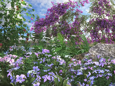 Blooming Purple Flowers With Tiny Blue Blooms And Lush Green Foliage In Natural Outdoor Setting 3d model