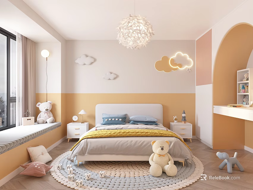 Kids Bedroom Interior Design with Bed Teddy Bear Chandelier Cloud Decor and Rug 3d model 