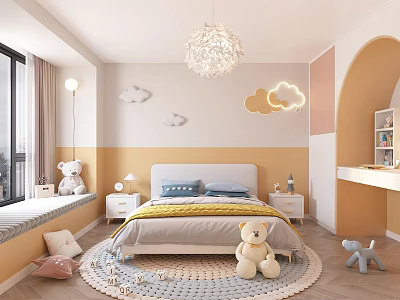 Kids Bedroom Interior Design with Bed Teddy Bear Chandelier Cloud Decor and Rug 3d model