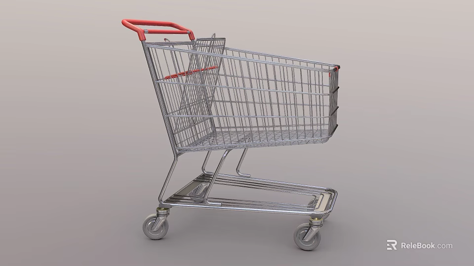 Metal Shopping Cart With Red Handle And Four Movable Wheels Structure 3d model 