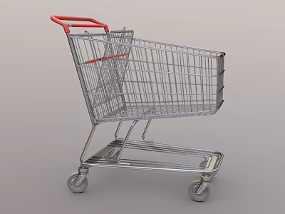 Metal Shopping Cart With Red Handle And Four Movable Wheels Structure 3d model