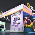Modern Exhibition Booth Design With Large Cityscape Displays And Illuminated Structure