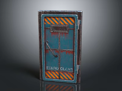 Vintage Industrial Blue Door With Orange Black Stripes Metal Handle And Stand Clear Text 3d model